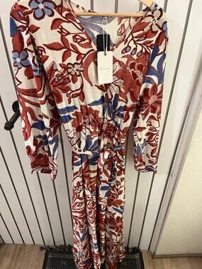 Fashion Space Cream with Red Floral Pattern Dress Size 3XL